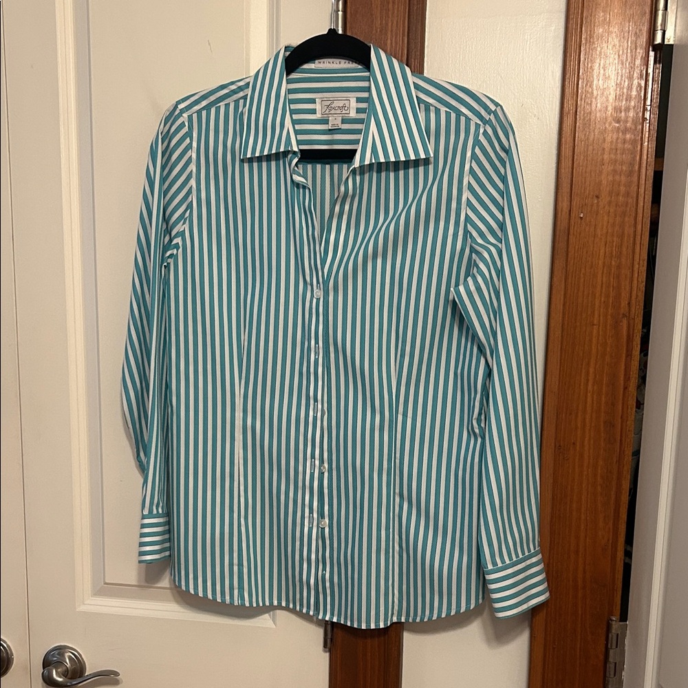 Foxcroft Wrinkle Free Teal and White Vertical Stripe Dress Shirt